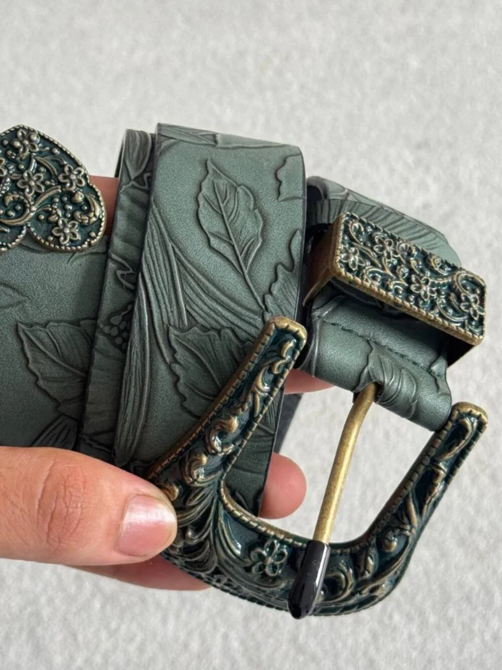 Green Embossed Western Belt with Ornate Buckle